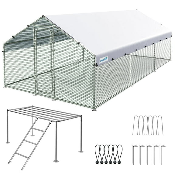 Quictent Large Metal Chicken Coop Run W/Roosting Perch for 30+ Poultry with Heavy Duty Wire Mesh and Waterproof Roof Cover, Outdoor Walk-in Cage Peak Hen House for Yard Farm, 18x9x6.6FT