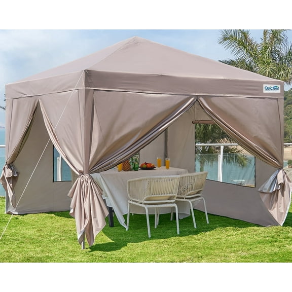 Quictent Privacy 8'x8’Pop up Canopy Tent with Sidewalls Enclosed Instant Gazebo Shelter Waterproof (Beige)