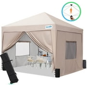 Quictent Privacy 8x8 Pop up Canopy tent Instant Folding Outdoor Canopy with Sidewalls Mesh Windows and Wheeled Bag Waterproof Beige