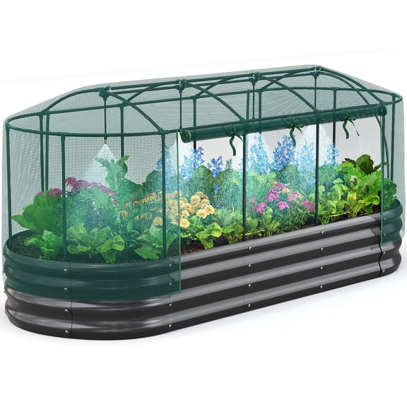 Quictent 8x3x1 ft Galvanized Raised Garden Bed Kit with Self Watering System and Mesh Cover, Large Oval Metal Outdoor Planter Garden Boxes for Vegetables Herbs Flowers