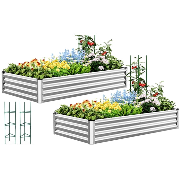 Quictent 2Pcs 6x3x1 ft Galvanized Raised Garden Bed with Tomato Cage and Weed Barrier Bottomless Outdoor Gardening Silver