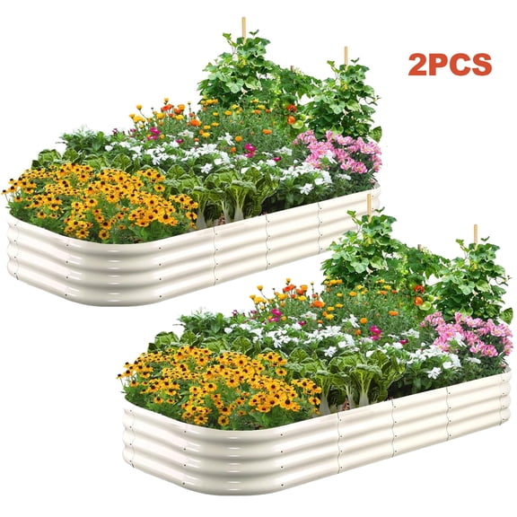 Quictent 2PCS 8x4x1ft Galvanized Raised Garden Bed Kit, Oval Large Metal Planting Box, Double Strengthened by Vertical Bar and Crossbar with Liner, Beige