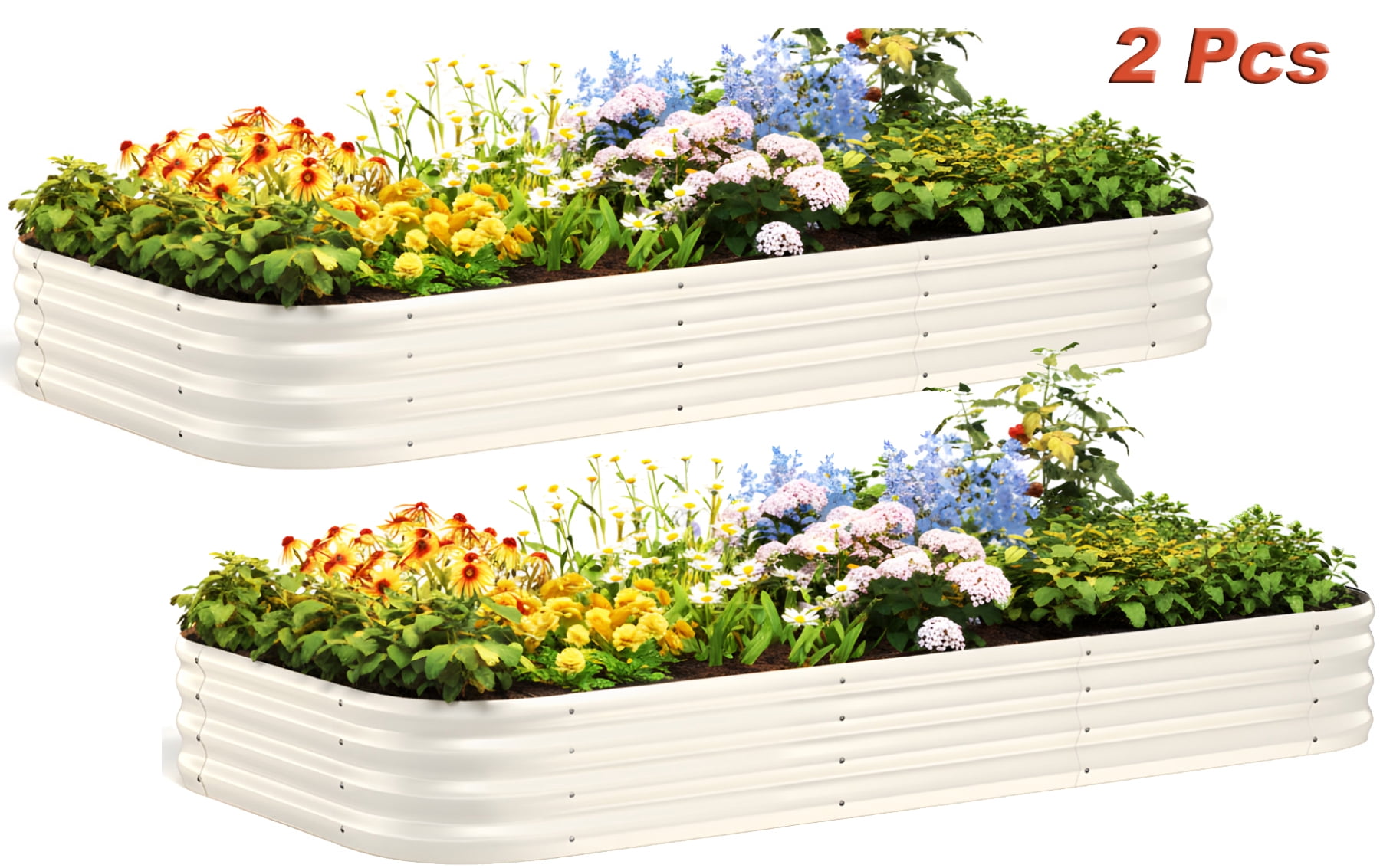 Quictent 2PCS 8x4x1ft Galvanized Raised Garden Bed Kit, Oval Large Metal Planting Box, Double Strengthened by Vertical Bar and Crossbar with Liner, Beige