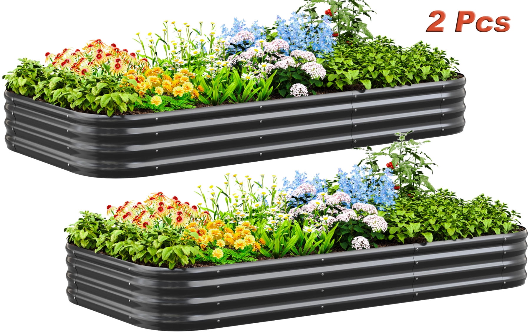 Quictent 2PCS 8x4x1ft Galvanized Raised Garden Bed Kit, Oval Large Metal Planting Box for Vegetables Outdoor Double Strengthened by Vertical Bar and Crossbar with Liner, Dark Grey