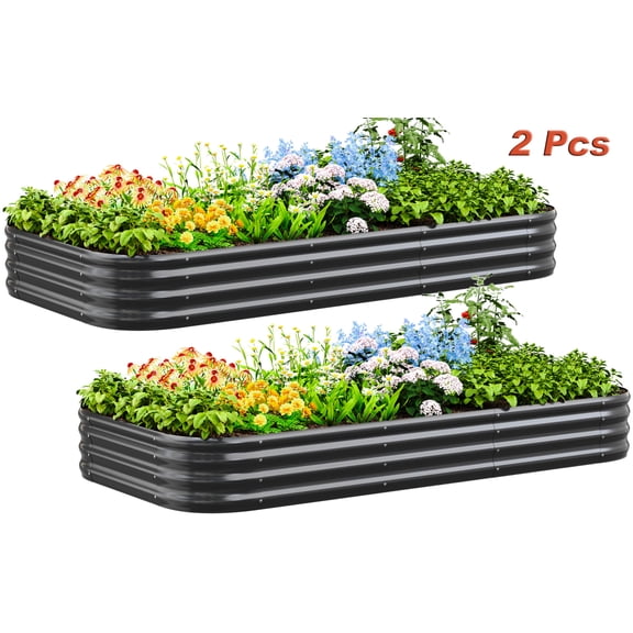 Quictent 2PCS 8x4x1ft Galvanized Raised Garden Bed Kit, Oval Large Metal Planting Box for Vegetables Outdoor Double Strengthened by Vertical Bar and Crossbar with Liner, Dark Grey