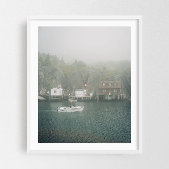 Quidi Vidi in Fog 01 - St. John's Newfoundland and Labrador Canada Photography Coastal Boat Harbor Scenic Rustic Landscape White Framed Wall Art Print 6 x 8 inches