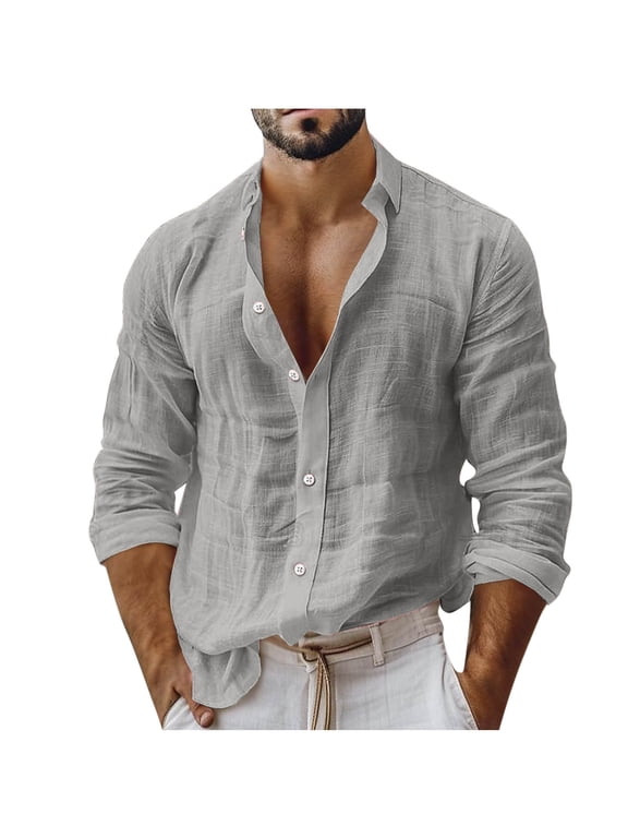 Men's Button Down Shirts Casual Rolled Up Long Sleeve Tops Lightweight Pleated Stand Collar T-Shirt Vacation Outfits(Gray,X-Large)