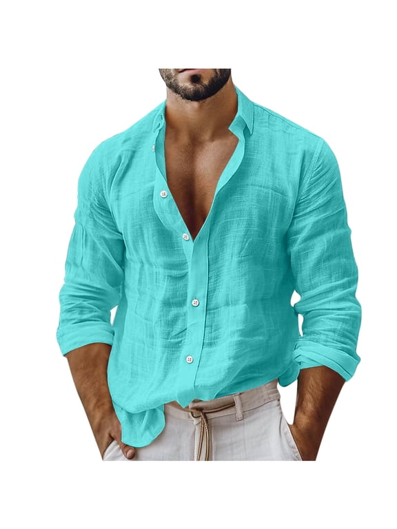 Men's Button Down Shirts Casual Rolled Up Long Sleeve Tops Lightweight Pleated Stand Collar T-Shirt Vacation Outfits(Green,Large)