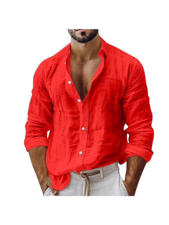 Men's Button Down Shirts Casual Rolled Up Long Sleeve Tops Lightweight Pleated Stand Collar T-Shirt Vacation Outfits(Red,Medium)