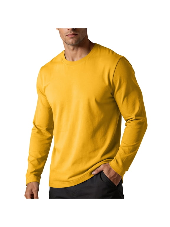 Mens Shirts for Fall Winter Classic Fit Long Sleeve Tops Casual Comfortable Round Neck Basic Tees for Daily Wear(Yellow,Medium)