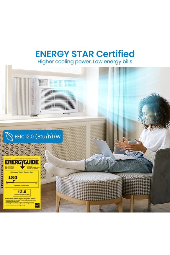 Quiet 12000 BTU Window Air Conditioner - Remote Control, 3 Cooling & 4 Fan Speeds, Digital Display, Easy Install, Cools 550 Sq.Ft - No WiFi, US Standard 115V, as show
