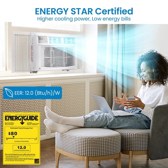 Quiet 12000 BTU Window Air Conditioner - Remote Control, 3 Cooling & 4 Fan Speeds, Digital Display, Easy Install, Cools 550 Sq.Ft - No WiFi, US Standard 115V, as show