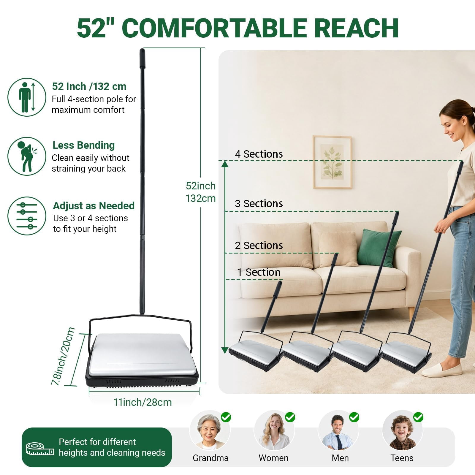 Kicthen Clean Signs Quiet Carpet Sweeper with Pig-Bristle Roller Brush, Bristle Floor ...