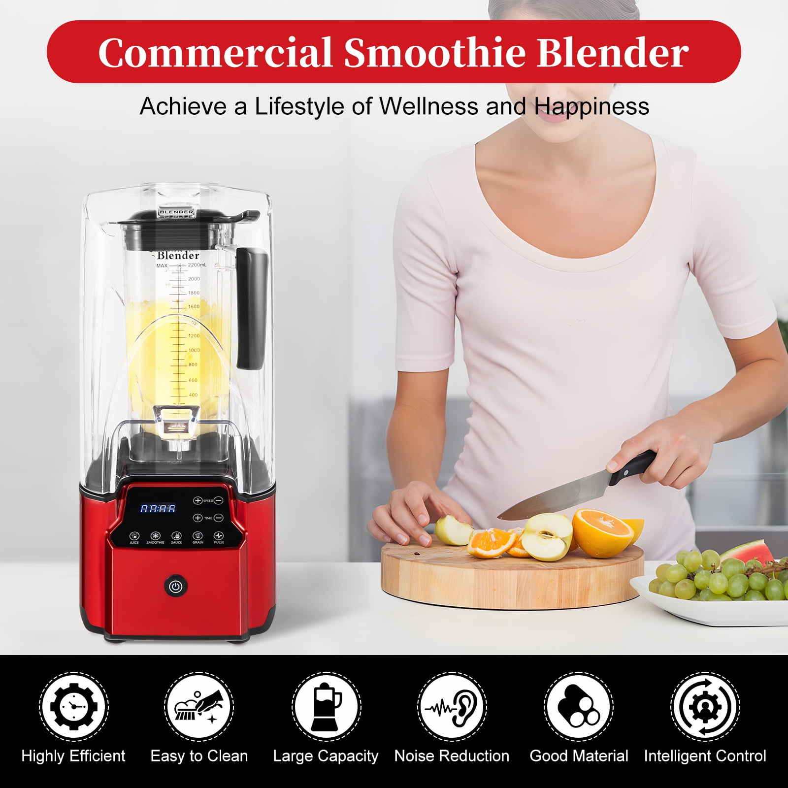 Quiet Commercial Blender, 2200W Soundproof Cover Blender, Fruit Juice