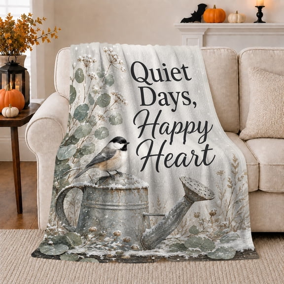 Quiet Days Happy Heart Winter Bird Watering Can, Peaceful Bird Art Scene, Warm Flannel Blanket for Living Room and Reading Nook, Bird Lovers Valentine's Day Gift, Artistic Home Decor