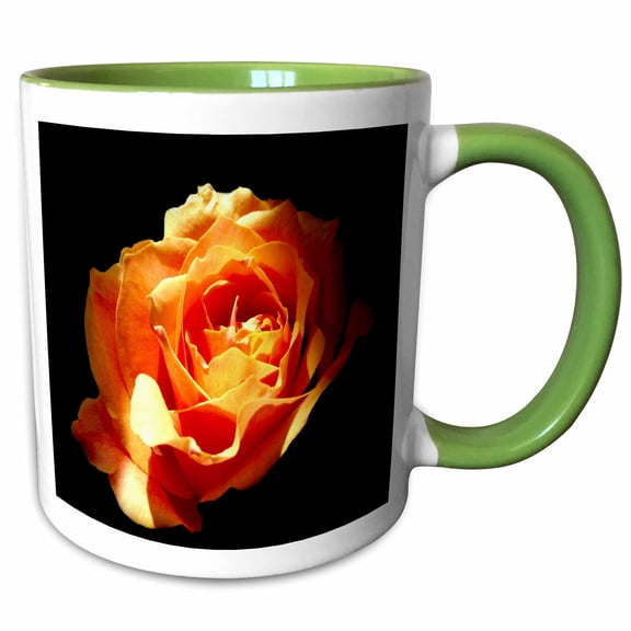 3drose, Quiet Embers, a Brilliant Flame Colored Rose Highlighted Against a Dark Background, 11oz Two-tone Green Mug