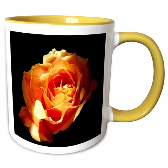 3drose, Quiet Embers, a Brilliant Flame Colored Rose Highlighted Against a Dark Background, 11oz Two-tone Yellow Mug