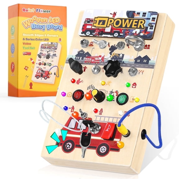 Quiet Flower 2-in-1 Montessori Wooden Toddler Busy Board with 8 LED Light Sounds Switches, Screwdriver, Sensory Learning Toy, Sensory Travel Toys for toddlers ages 3-5 Year Old