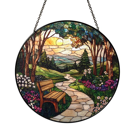 Quiet Forest Bench Landscape Stained Glass Style Window Suncatcher Decor, Thoughtful Nature Lover Home Gift