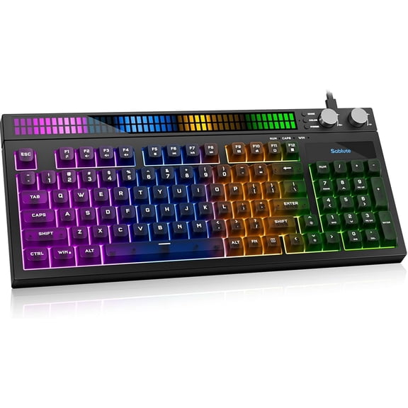 Quiet Gaming Keyboard with Sound-Sync RGB LED Display 94-Key Wired PC Gaming Keyboards for Pro Gamers Tactile Mechanical Feel Anti-Ghosting Volume Control Knob for PS5/Xbox/PC Black