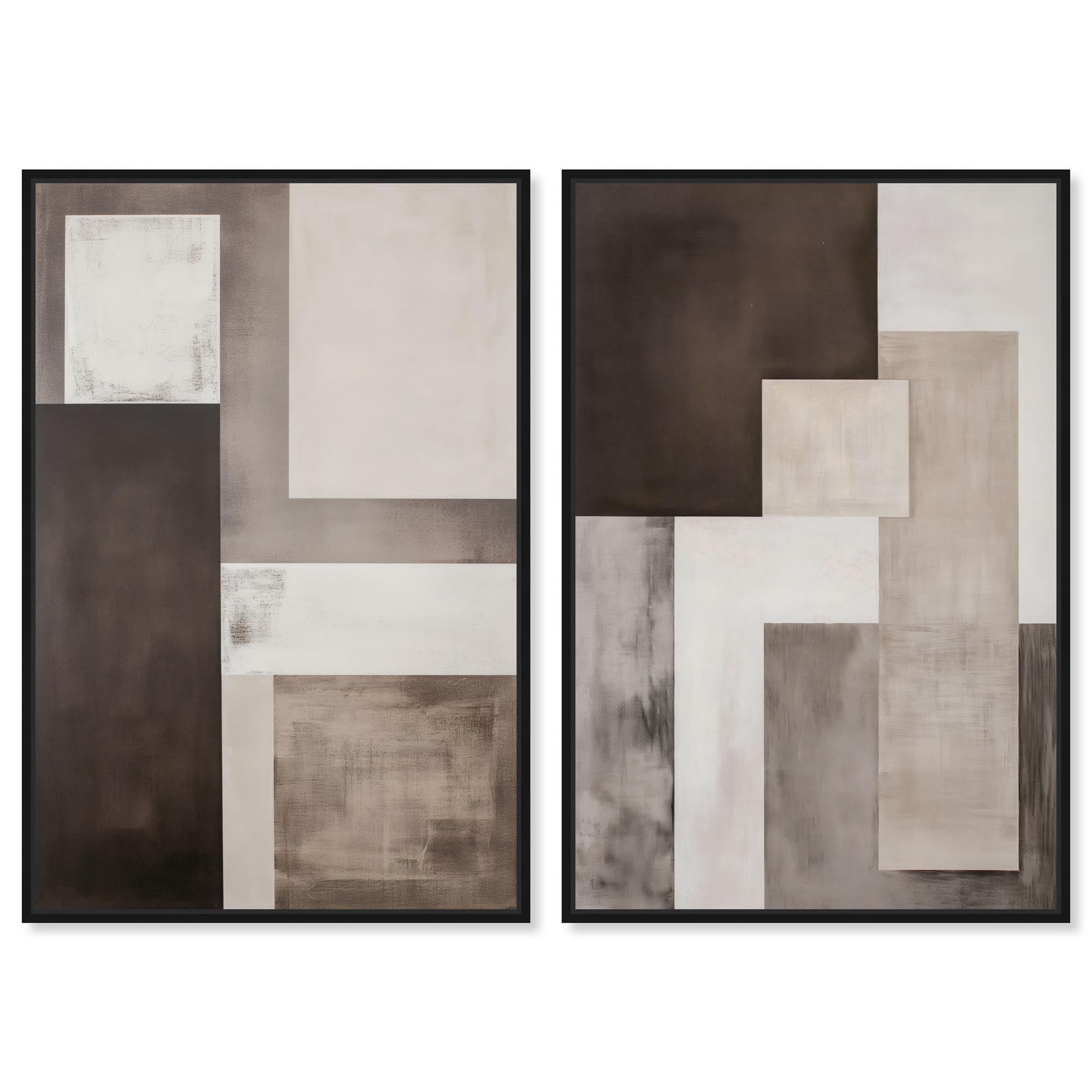 Quiet Geometries Set Canvas Print Brown Wall Art Set by Art Remedy, Black Frame, 36 x 54