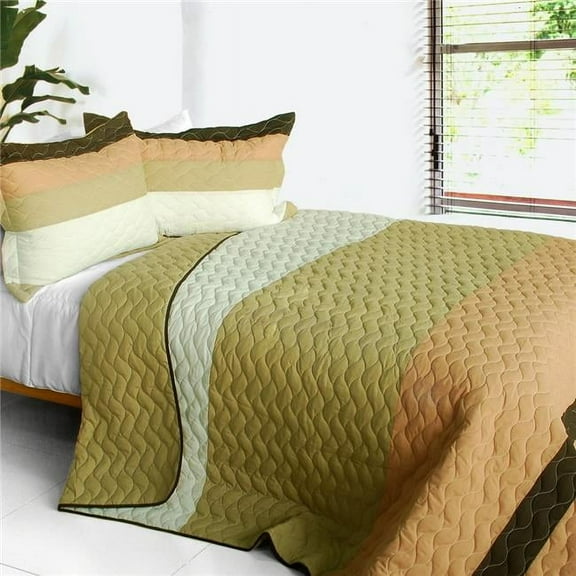 Quiet Moon - 3 Pieces Vermicelli-Quilted Patchwork Quilt Set Full & Queen Size - Brown