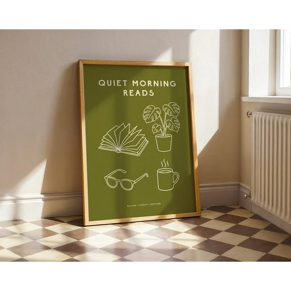 Quiet Morning Reads Book Lover Wall Art Olive Green Home Decor