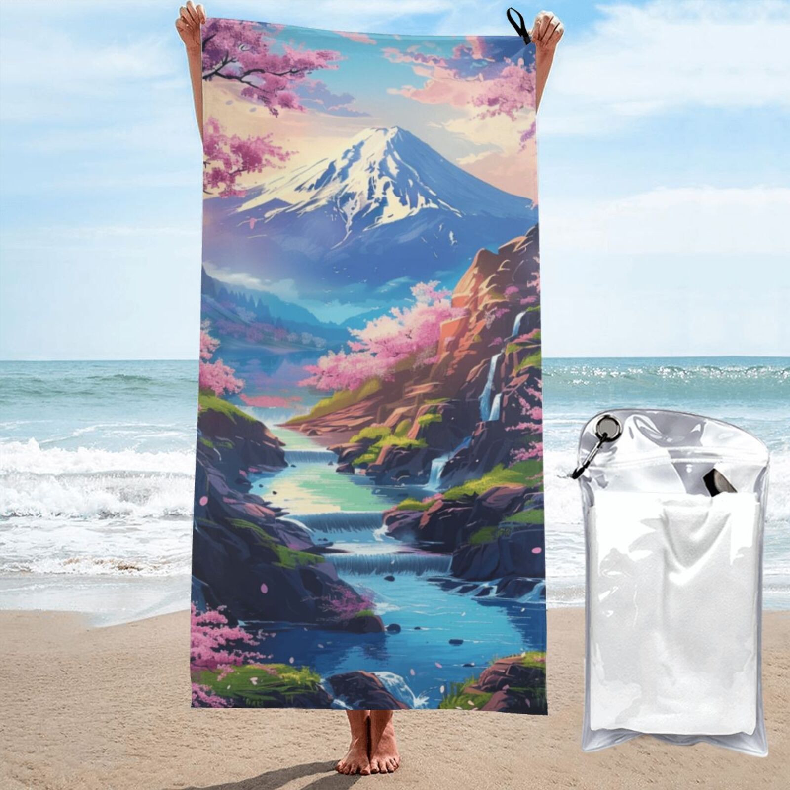 Quiet Mt. Fuji and cherry blossoms Microfiber beach towel, large sand