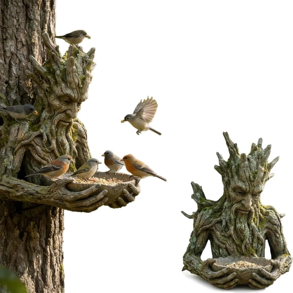 The Quiet Offering A Tree-Integrated Bird Feeding Sculpture, Outdoor Millennial Tree Bird Feeder,Fairy Garden Tree Face Elf Statue for Yard and Patio,with Keyhole Hanger,Unique Gifts for Birds Lovers