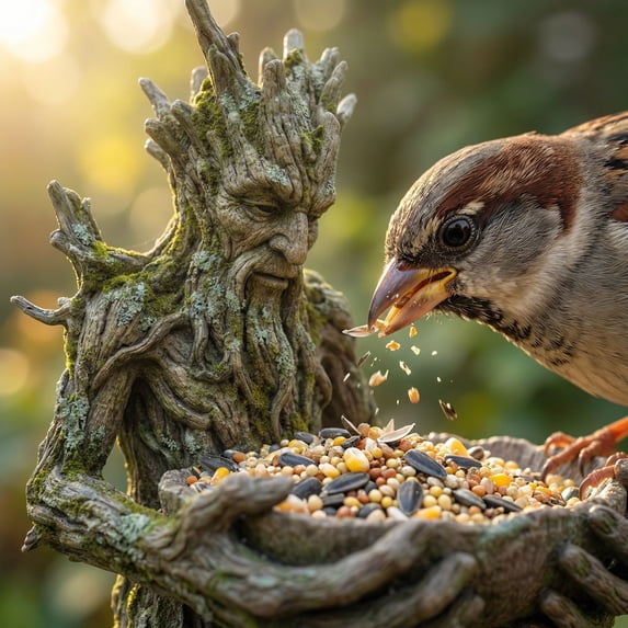 Quiet Offering A Tree-Integrated Bird Feeding Sculpture, Tree Face Decors,Outdoor Bird Feeder with Acorn,with Hidden Keyhole Hanger, Patio, Yard, Garden Ornament for Birds Lovers
