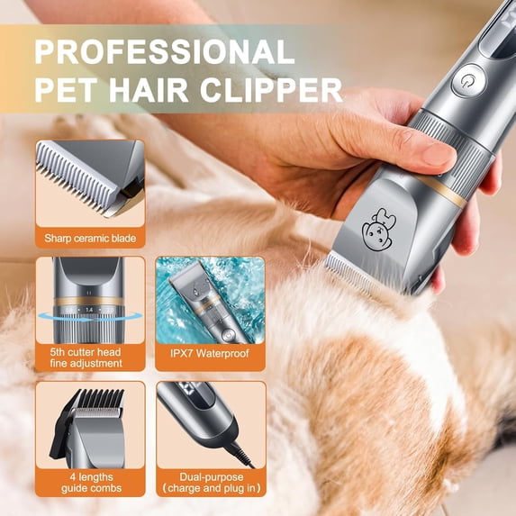 Quiet Pet Clipper for Cats and Dogs with 5 Speeds Ceramic Blade Professional Grooming Tool