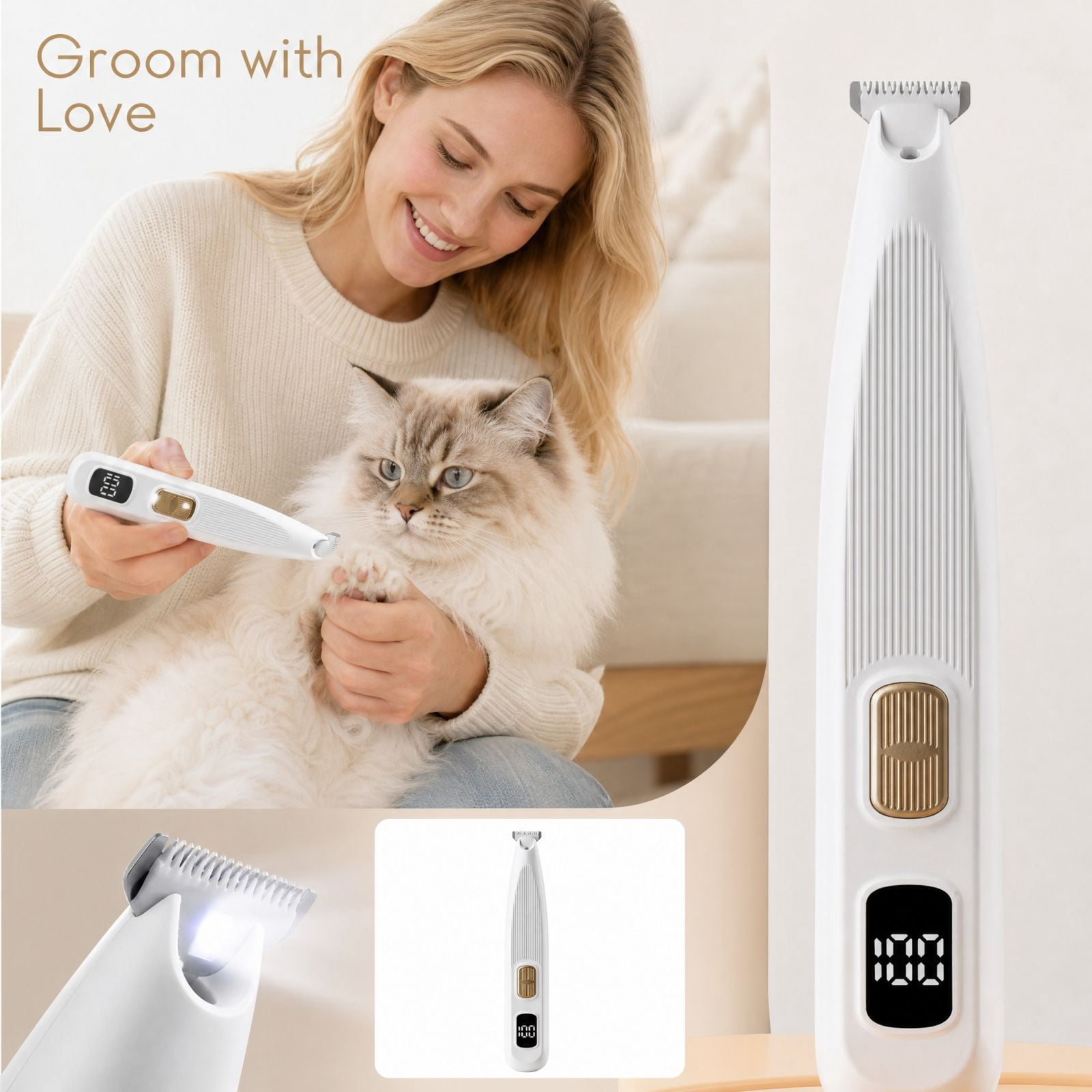 Quiet Pet Grooming Clippers with LED Light - Cordless Dog Cat Paw Hair ...
