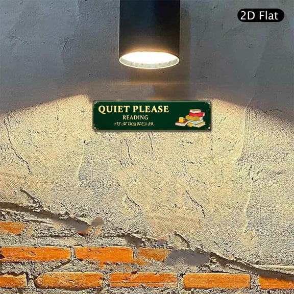 Quiet Please Reading Metal Sign 4x16 Inch, Rectangular Aluminum Wall Decor with Books and Coffee Illustration for Library or Study Room 1pc