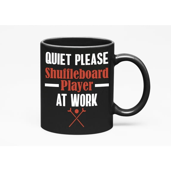 Quiet Please, Shuffleboard Player at Work, Black 11oz Ceramic Mug