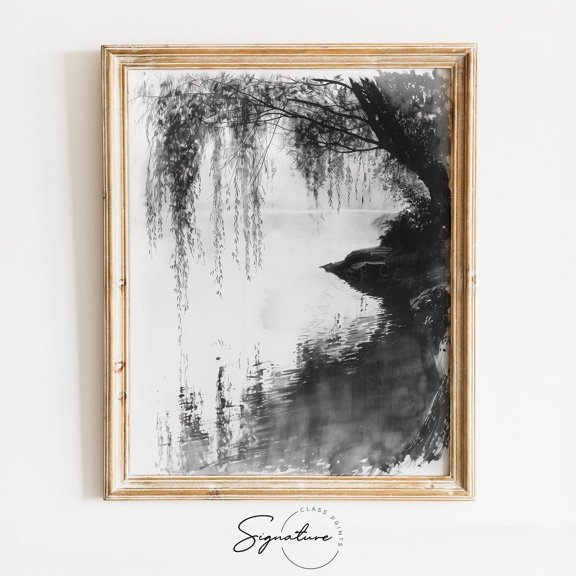 Quiet Pond With Overhanging Willow Sketch, Serene Water Scene Art, Tranquil Nature Decor, Reflection On Pond Illustration, 769 Home Decor, 8x12 UNFRAMED