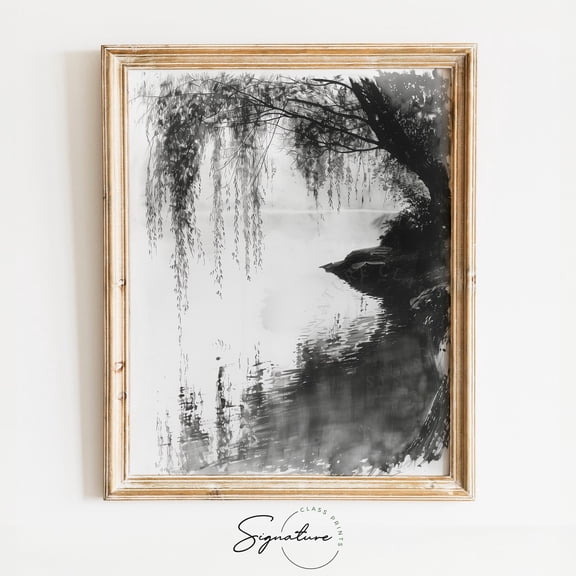 Quiet Pond with Overhanging Willow Sketch, Serene Water Scene Art, Tranquil Nature Decor, Reflection on Pond Illustration, 769 Unframed Paper Print
