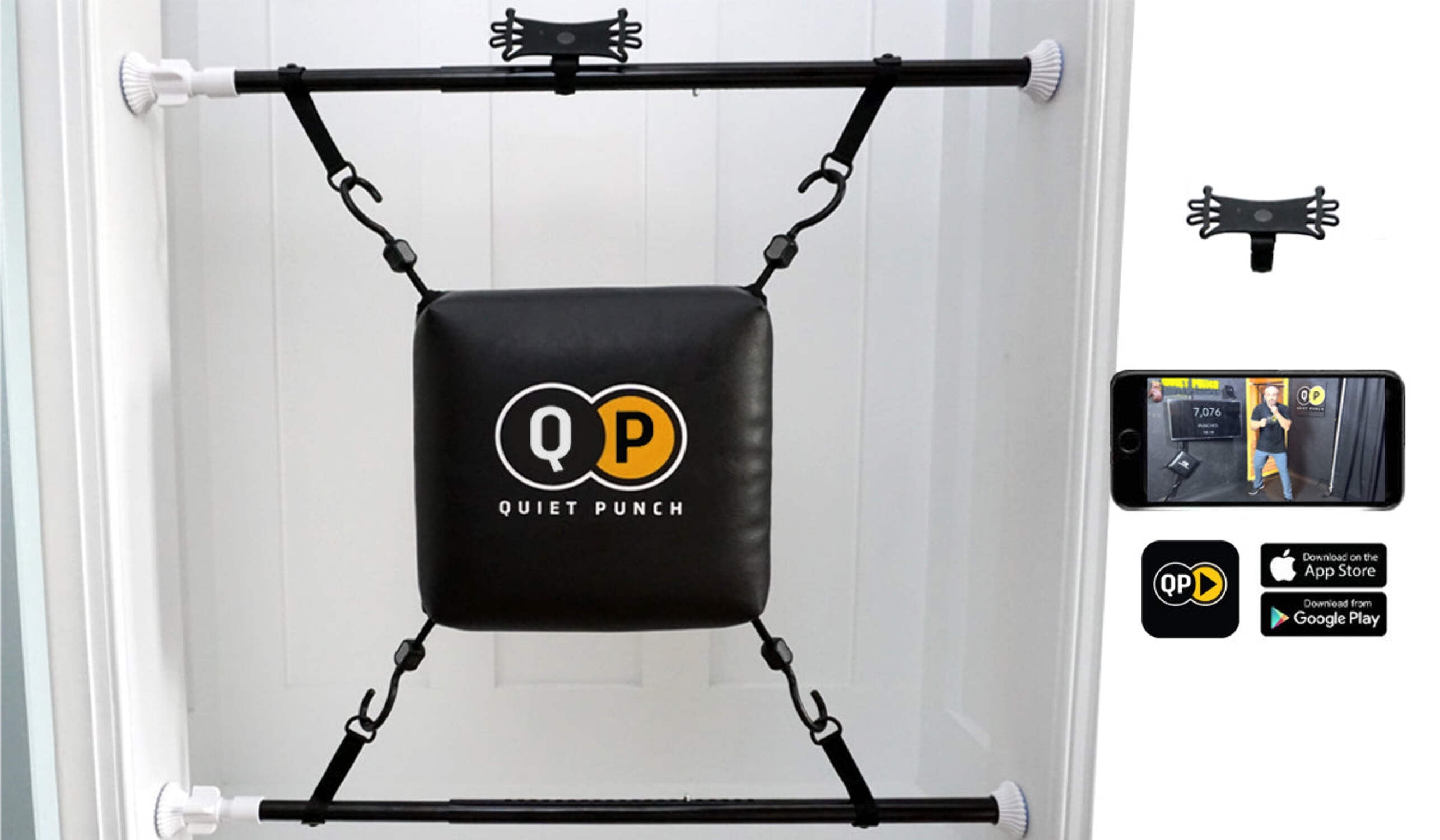 Quiet Punch Doorway Punching Bag, Phone Holder with App, 28"-36" Size, Portable Boxing, Apartment Friendly Workouts (No Punch Tracker)