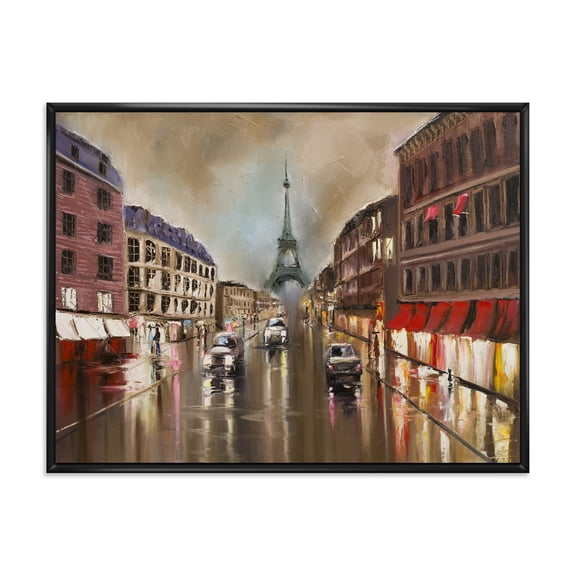 Quiet Rainy Street In Gray Eiffel Tower Paris 20 in x 12 in Framed Painting Canvas Art Print, by Designart
