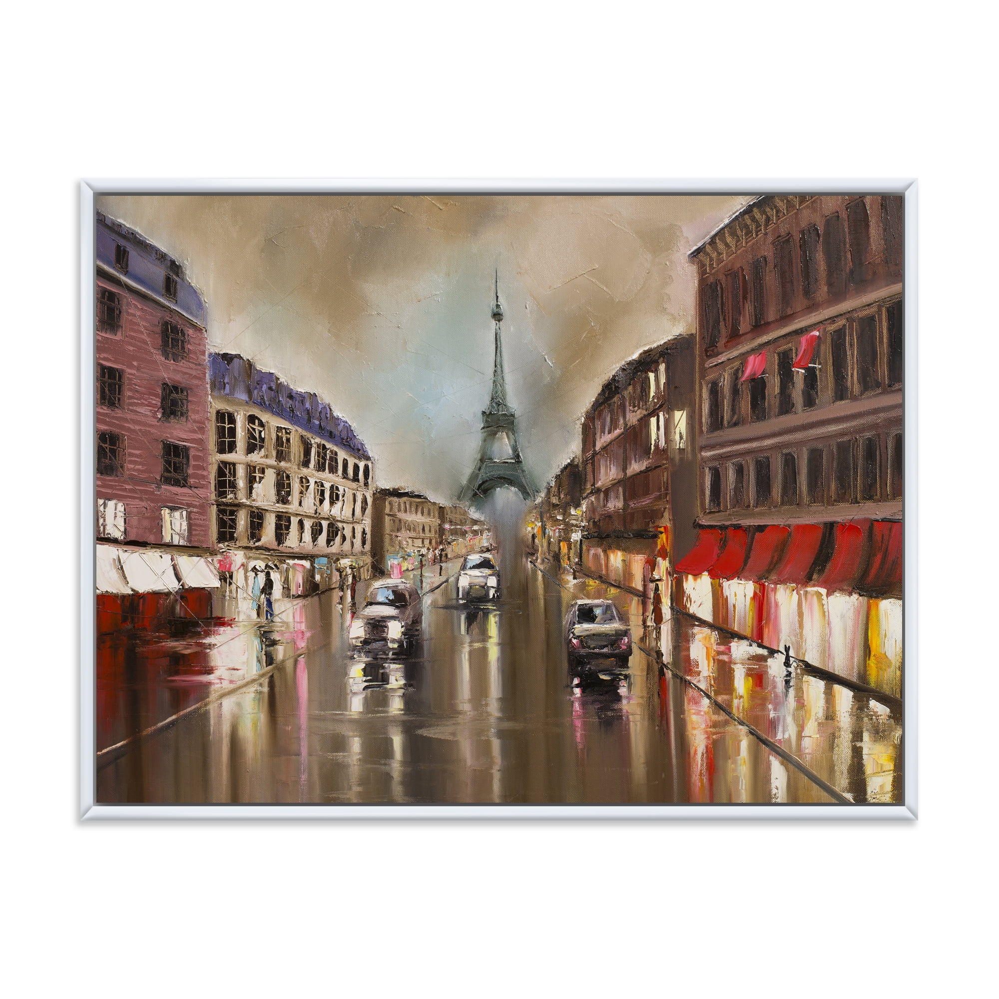 Quiet Rainy Street In Gray Eiffel Tower Paris 40 in x 30 in Framed Painting Canvas Art Print, by Designart