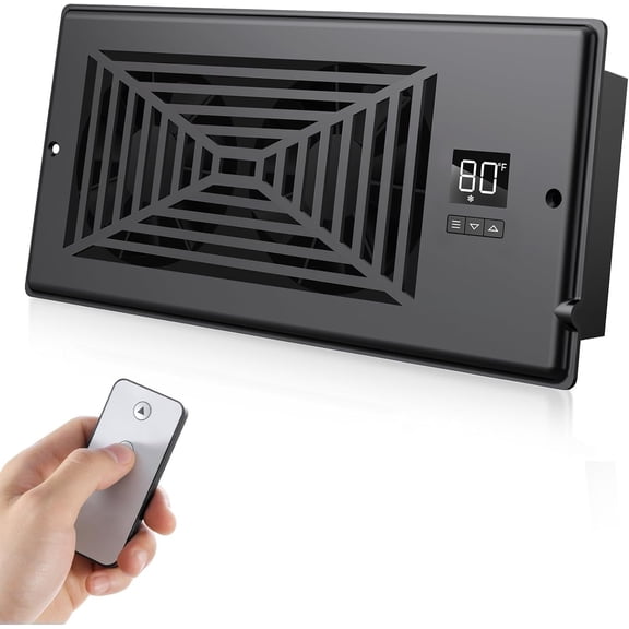 Quiet Register Booster Fan Fits 4" x 10" Register Holes, 10-Speed Heating Cooling AC Vent Fan with Remote Control and Thermostat Control - Black