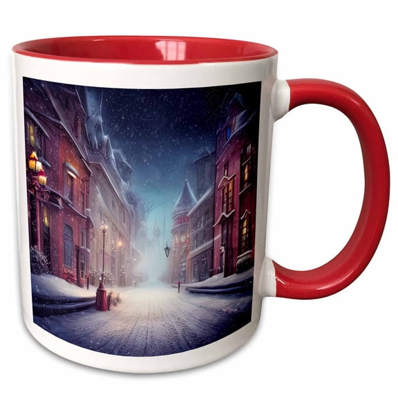 3drose, Quiet Street of a Fairy City. Christmas Mood, Snow. Winter Season, 11oz Two-tone Red Mug