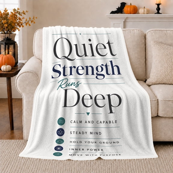 Quiet Strength Runs Deep Motivational Quote Teal Affirmation, Peaceful Mountain Lake Scene, Warm Flannel Blanket for Cabin and Lodge, Outdoor Lovers Camping Gift, Artistic Home Decor