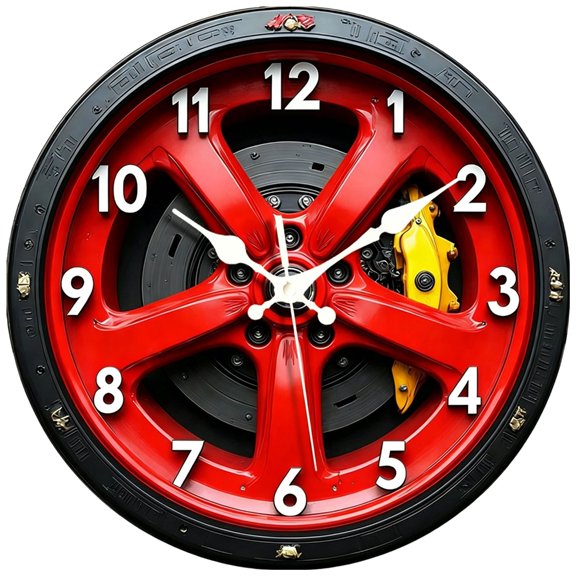 Quiet Wall Clock with Automotive Wheel Theme and Clear Hour Numerals