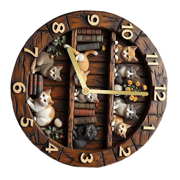 Quiet Wall Clock with Lovely Cats Figure & Bookshelf Decorative Inspired Clock Ideal for Kids Room