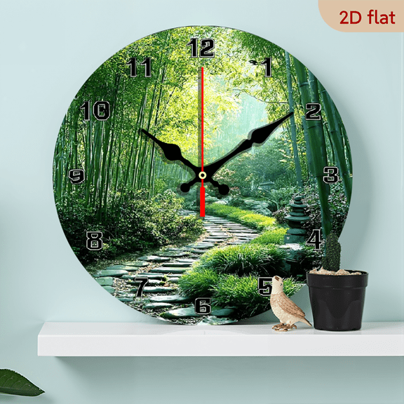 Quiet bamboo forest Backdrop Clock - 10-Inch Wood Veneer Europe and America Style Round Silent Flat Wall Clock - Batteries Not Included - Add Joyful Time to Your Study Or Living Room