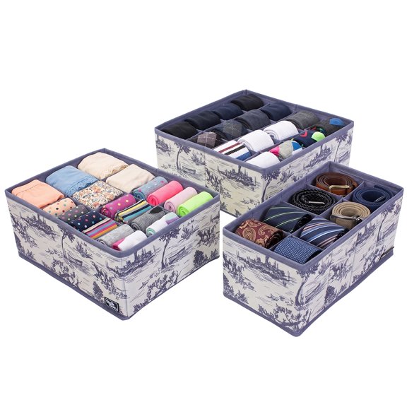 Quik Box Magic Cube 3-Piece Adjustable Drawer Organizer Set, Foldable Fabric Drawer Organizers with 8, 12 & 16 Compartments, Toile