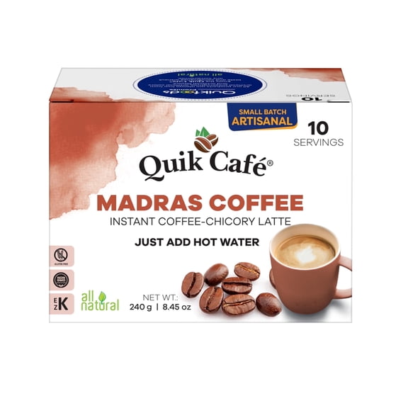 QuikCaf Instant Madras Coffee Latte  10 Count, Rich aroma of coffee and chicory. All-Natural Ingredients, Preservative-Free  Just Add Hot Water, Kosher, Gluten Free