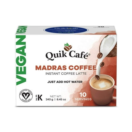 Quik Cafe Vegan Madras Instant Coffee Latte - 10 Count Single Box - Convenient, Easy Dairy Free Alternative - All Natural Non-GMO