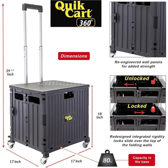 Quik Cart 360 Four Wheeled Rolling Crate with Heavy Duty Collapsible Basket, Black