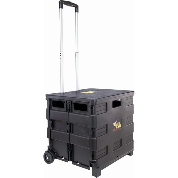 Quik Cart Collapsible Rolling Crate on Wheels for Teachers Tote Basket 80 lbs Capacity, Made from Heavy Duty Plastic Used as a Seat, Black